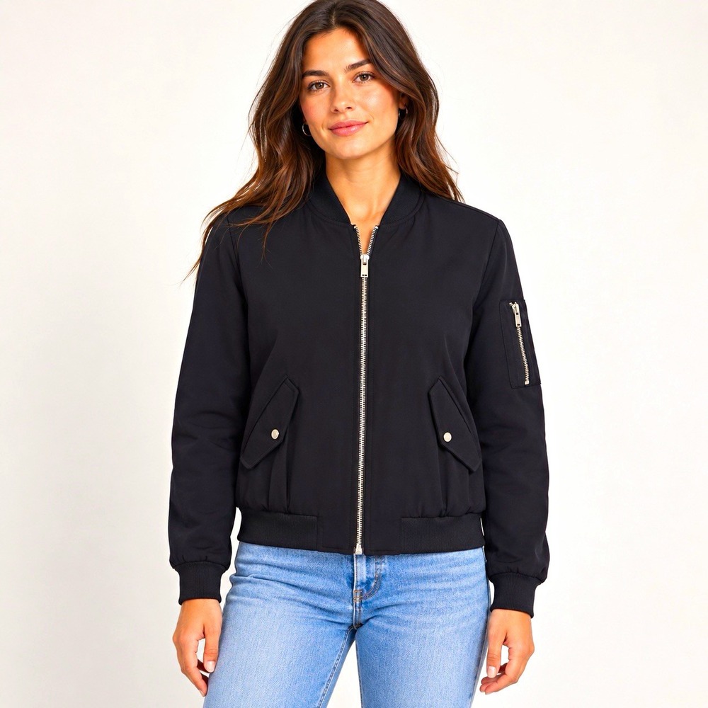 Zara Basic Women's Black Bomber Jacket Full Zip Pockets Short Solid Size S